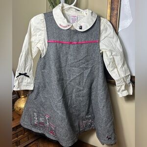 Vintage Gymboree Sz 3 City Sidewalk Gray Wool Dress & Embroidered White Blouse